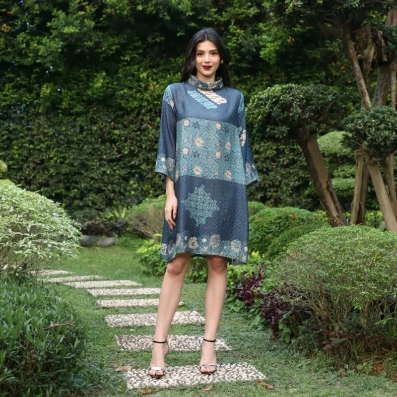 Rinjanie Batik - Tunik Bola Kerah Amanda Series - Tunik Batik Modern - Abstrak - Casual - Formal - Viscose - Dress Baju Kancing - Nyaman - Kondangan Panjang Tangan - Pesta - Fit Atasan 4