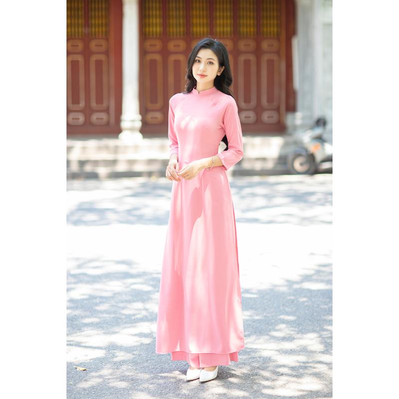 Áo dài đơn sắc màu hồng phấn dáng truyền thống thiết kế hai tà cổ trụ 2p, chất liệu lụa chifon mềm mại thoáng mát Nữ Dress Đầm Women