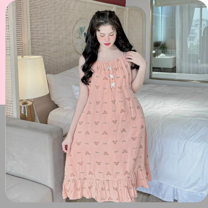 Váy 2 dây dáng dài đầm mặc nhà dễ thương chất đũi lạnh phom 45-58 kg LANUTA VÁY XINH Nữ Váy Ngủ Đầm Ngủ Dress Women Nhung