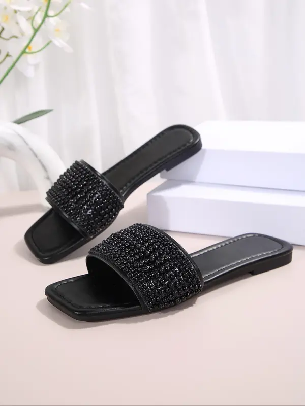 Women's Fashionable Rhinestone Decorated Slide Sandals, Casual Comfortable Flat Sandals for Summer, Lightweight Breathable Shoes for Daily Wear, Girl 3
