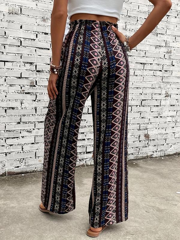 Women's Ethnic Pattern Drawstring Waist Pants, Boho Frill Trim High Waist Straight Leg Trousers for Spring & Fall, Ladies Bottoms for Daily Wear 1