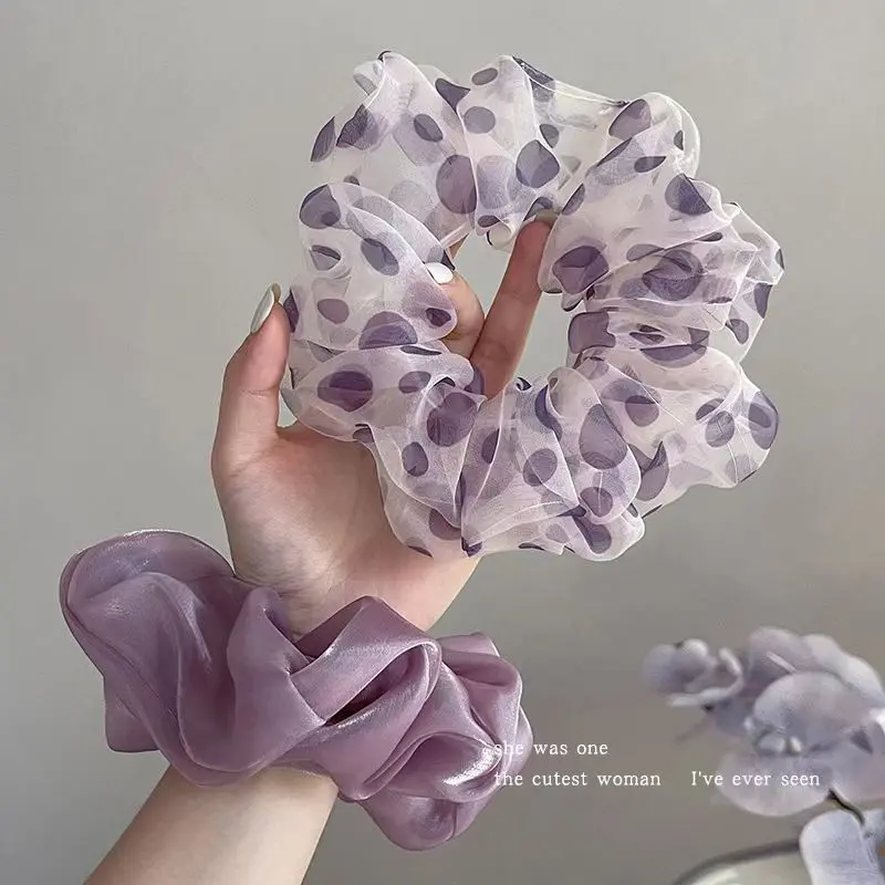 [Shop Hot Sale] Summer Purple Polka Dot ~ Low-Key and Retro Fashionable Intestine Circle Temperament Headdress Flower Large Intestine Rubber Band High-Grade Sense Silk Yarn