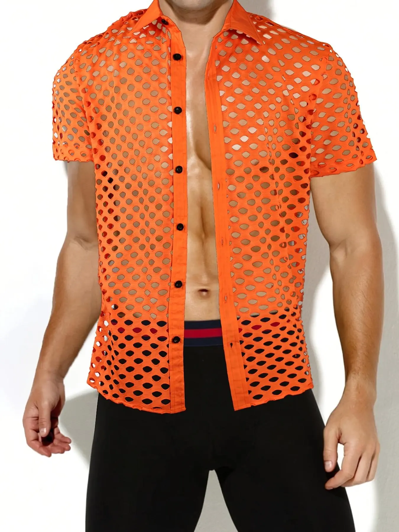 Men's Solid Color Hollow Out Short Sleeve Shirt, Regular Fit Casual Fashion Breathable Comfy Top for Summer, Men's Clothes for Daily Wear