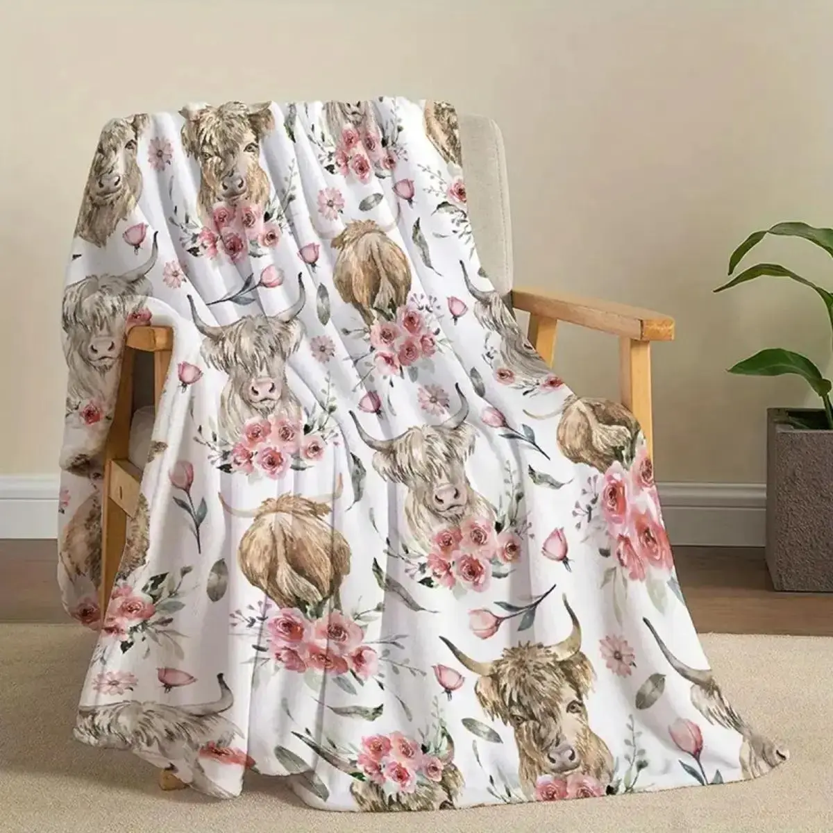 Highland Cow Pattern Blanket, 1 Count Soft Lightweight Throw Blanket, Cool Bedroom Bedding Blankets, Air-conditioned Room Blanket, Warm Nap Blanket for Home Office Travel