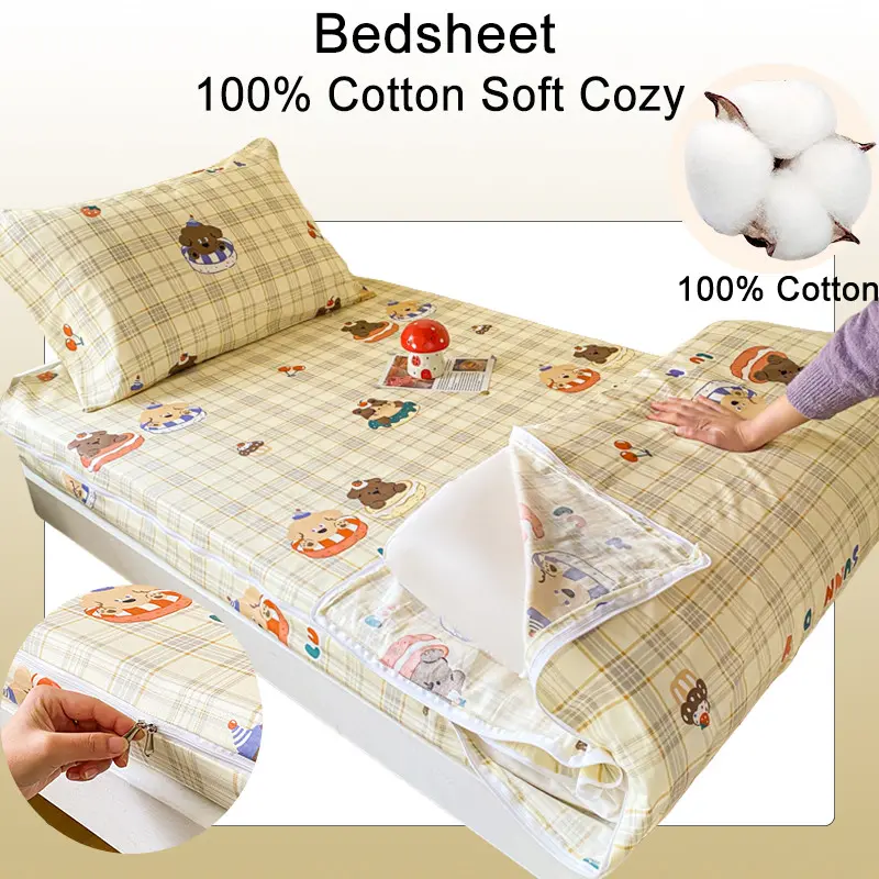 Bedsheet With Zip Full Cover 100% Cotton Fittedsheet Single Queen Kingbedsheet 3feet 3.5feet 5feet 6feet