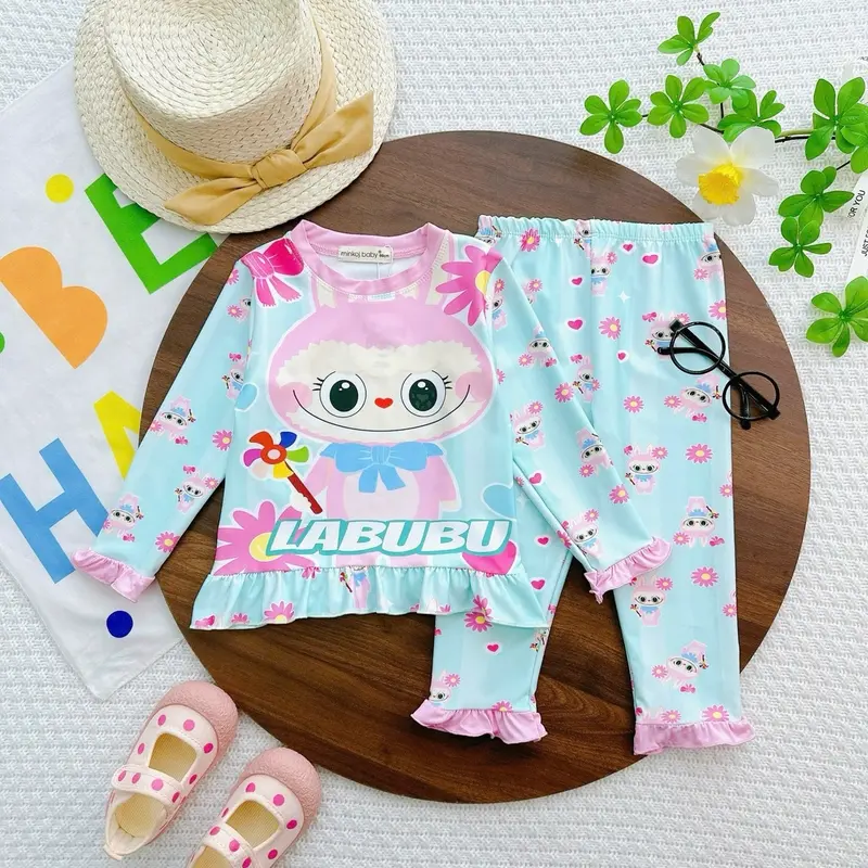 FREESHIP- Bộ Dài Tay Cho Bé Gái Thun Lạnh 3D MINKOJ BABY Cho Bé Từ 7-30kg In Hoạt Hình LABUBU Chất Co Giãn 4 chiều mềm 1