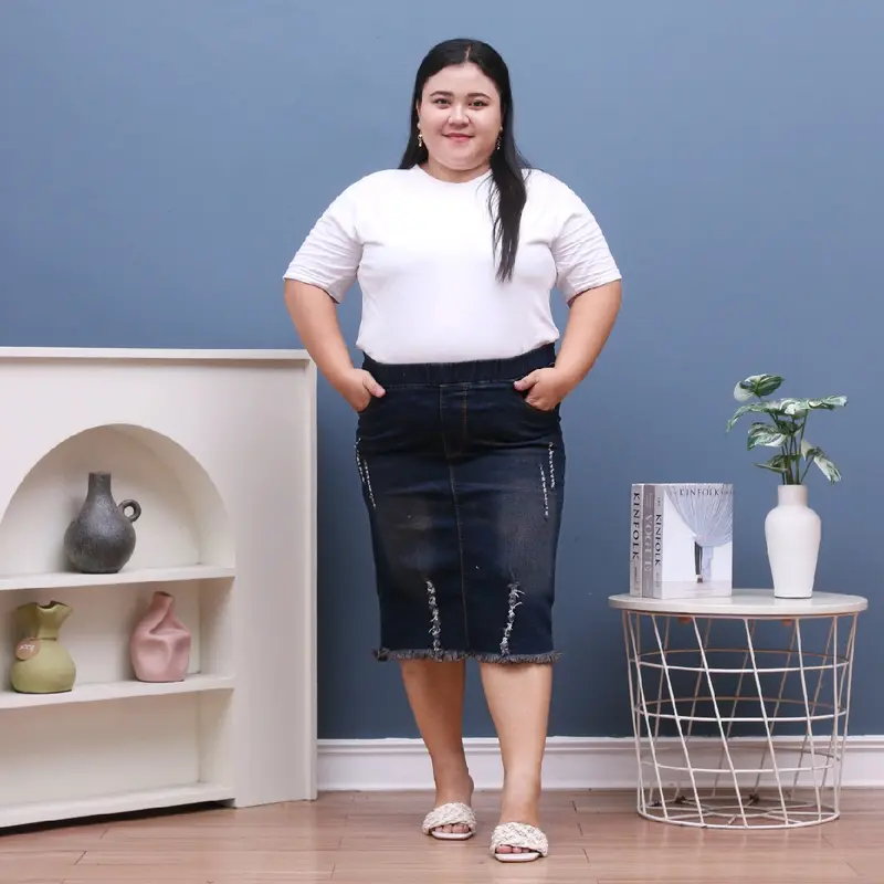 Rok Jeans Wanita Pinggang Karet Stretch Premium - Ukuran 31-43 - Span, Denim, Pendek, Panjang 3