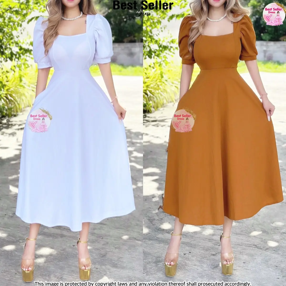 BSD Best Seller Danica (S-XL) Puff Sleeves Midi Dress Casual Plain Sweet Holiday Fabric Light Crepe Lady Women Womenswear