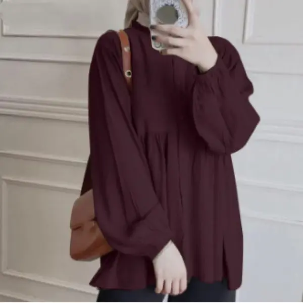 New women's loose solid color lantern sleeve cardigan with ruffle edge round neck solid color versatile top