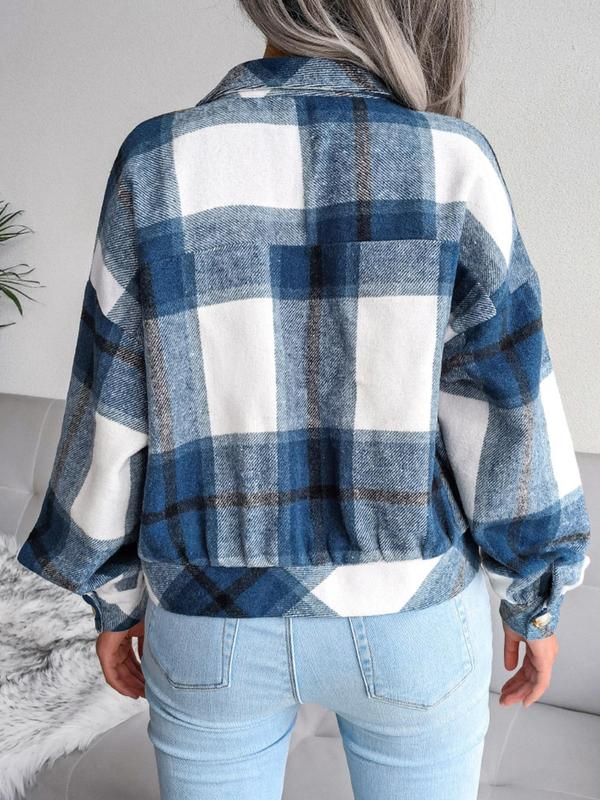 Women's Plaid Print Collared Long Sleeve Button Front Jacket, Jacket for Women, Pocket Design Drop Shoulder Button Up Outerwear, Women's Clothing 7