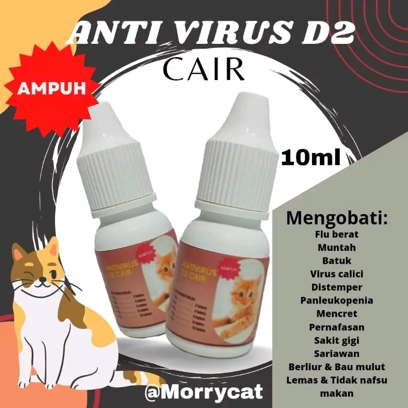 obat kucing D2 10ml cair obat kucing flu berat distemper paleukopenia calici batuk panleu mencret pernafasan sakit gigi sariawan mulut berliur bau mulut lemas dan tidak nafsu makan pipis darah