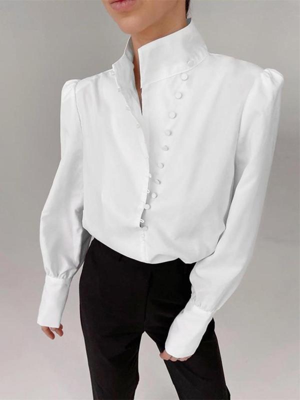 Women's Plain Button Front Puff Sleeve Blouse, Elegant Long Sleeve Stand Collar Top for Spring & Fall, Ladies Clothes for Daily Wear 1