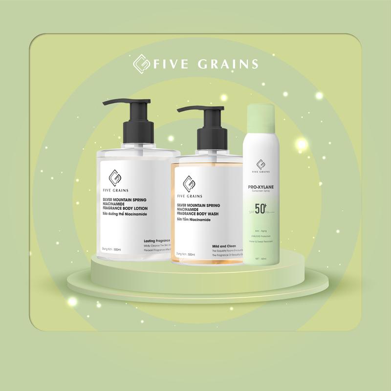 Combo kem chống nắng nâng tone Pro-Xylane dạng xịt 160ml, sữa tắm Niacinamide 500ml, dưỡng thể Niacinamide 500ml Five Grains