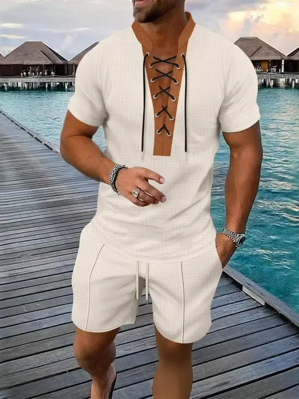 Two-Piece Set Men's Solid Color Waffle Knit Utility Shirt & Shorts, Casual Short Sleeve Collared Top & Shorts for Summer, Men's Clothes for Beach Vacation, Menswear 6