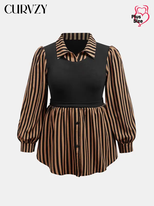 CURVZY Plus Size 2 in 1 Striped Print Bishop Sleeve Blouse, Casual Long Sleeve Collared Top for Spring & Fall, Women's Clothes for Daily Wear, Valentine's Day Gift for Girl, Fall Clothes, Winter Clothes 4