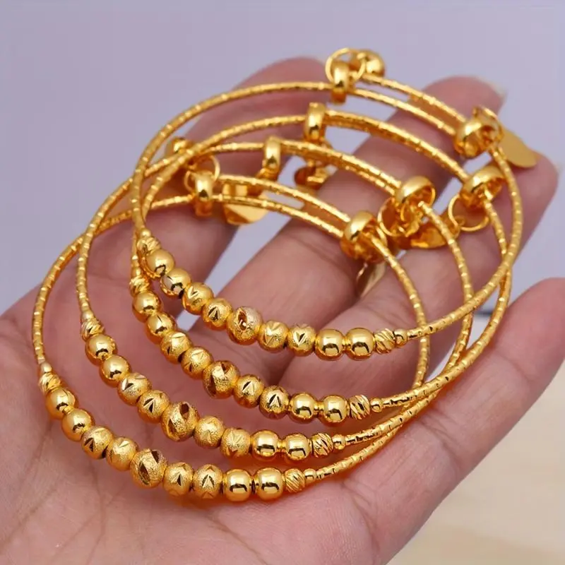 2pcs Classic Adjustable 24k Gold Plated Beaded Bangles, Middle Eastern Inspired, Women's Bridal Wedding Jewelry, Dupes Luxury Jewelry mother's day gift 0