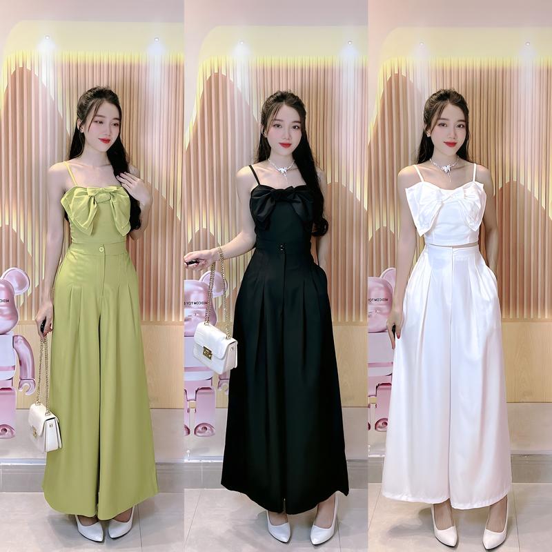 (S5) Sét áo 2 dây quần suông ống rộng phối nơ ngực thời trang màu trắng, đen, xanh