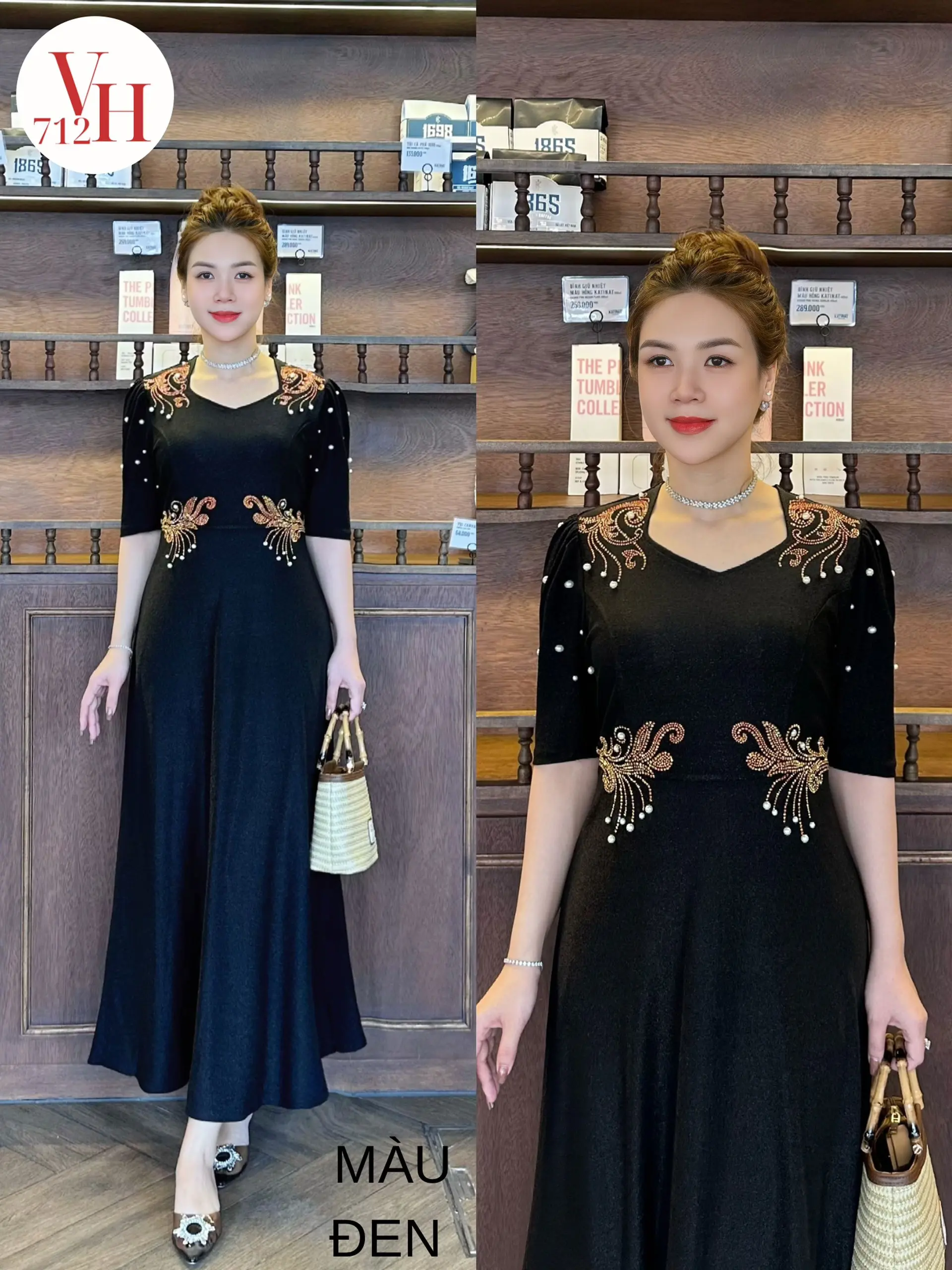 M712 Đầm dự tiệc ép đá , đính ngọc trai Nhung Dress