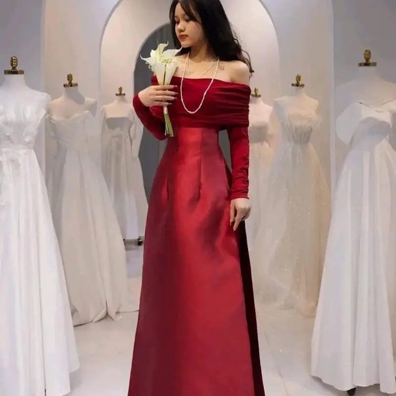 Áo dài tacta trễ vai màu đỏ đô đi tiệc,đi chơi sang chảnh Nữ
