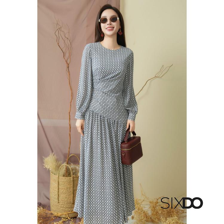 Đầm dài họa tiết cổ tròn dài tay SIXDO (Mint Floral Chiffon Flared Dress) 8