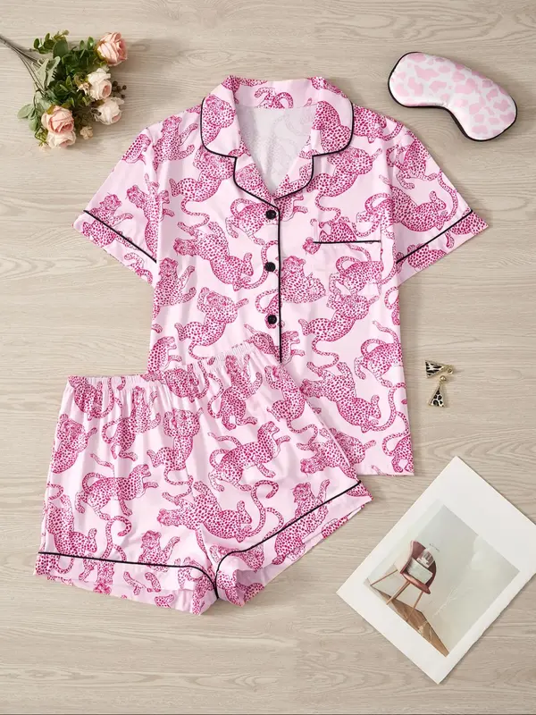 Women's Leopard Print Short Sleeve Pajama Three-piece Set, Elegant Casual Comfy Button Front Chest Pocket Design Lapel Neck Top & Elastic Waist Shorts & Eye Mask PJ Set, Ladies Sleepwear for All Seasons 0