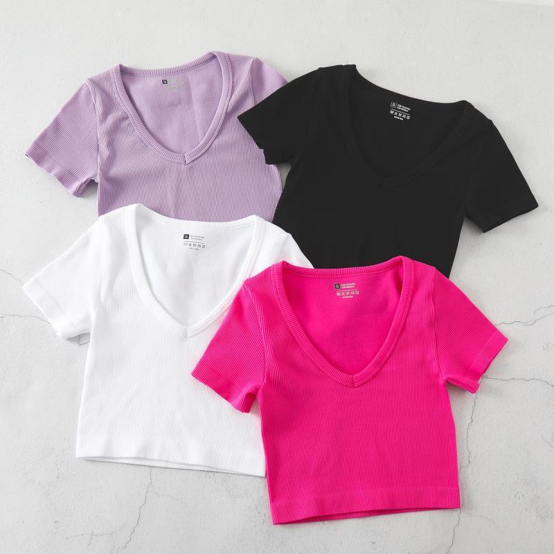 Product Introduction of European and American Yoga Wear Sexy Stretch Yoga Seamless Sports Top Short Sleeve V-Neck Slim Fit Solid Color Ribbed T-Shirt 9