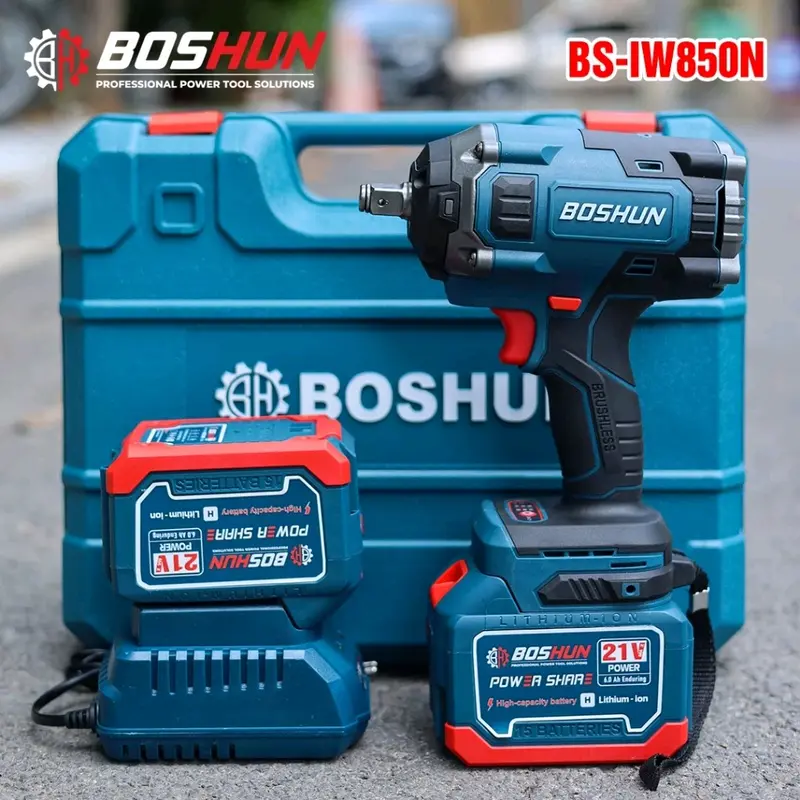 [Chính hãng] Máy siết bulong Boshun BS-IW850N lực siết 850Nm, 3 cấp chỉnh lực động cơ không than, đầu đặc 1/2 bộ kèm 2pin 15cell 0