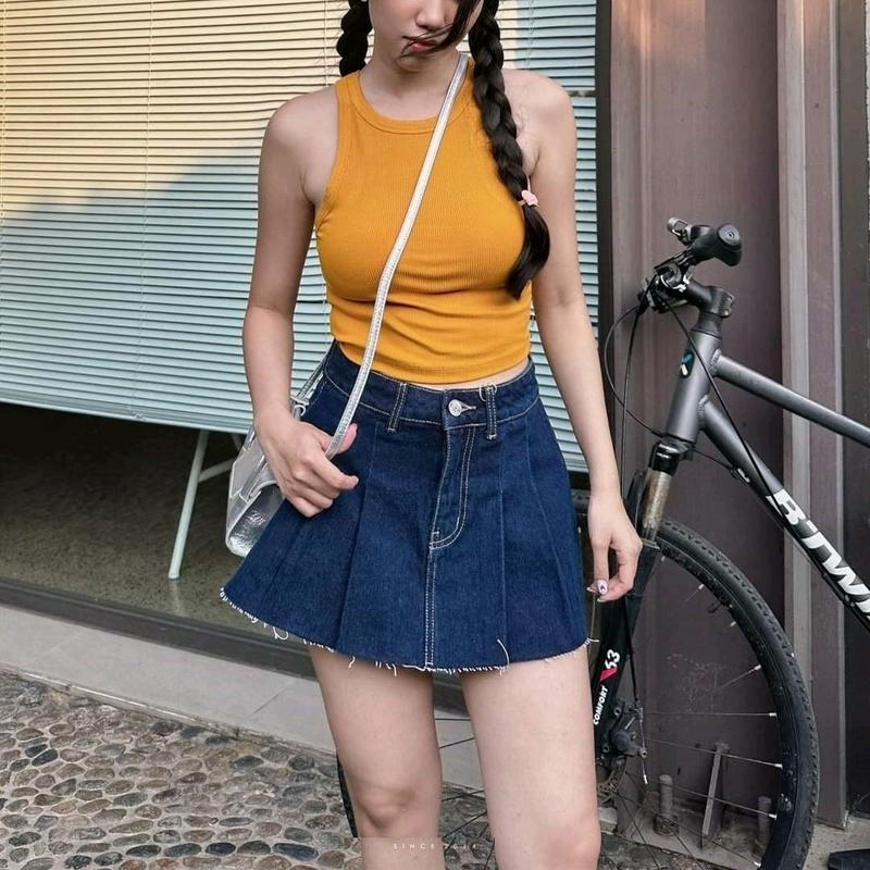 Chân Váy Ngắn Xoè Jean Co Dãn, Vải Đẹp, Có Lót - BT Fashion (Xếp Ly) chân váy cotton