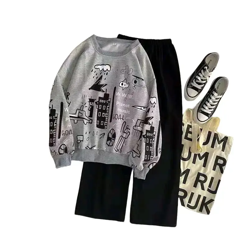 Planet Setelan Olahraga Sweater Wanita Baju Celana Tangan Panjang
