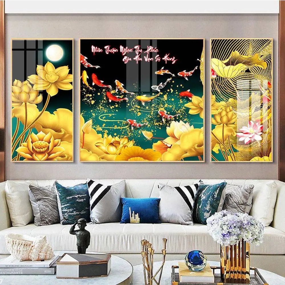 Tranh Tráng Gương Bộ 3 vuông Cá Chép Hoa Sen In UV bề mặt Mica sáng bóng - Tranh Tráng Gương Cá Chép Hoa Sen Decor Treo tường, treo Phòng Khách, trang trí nhà cửa