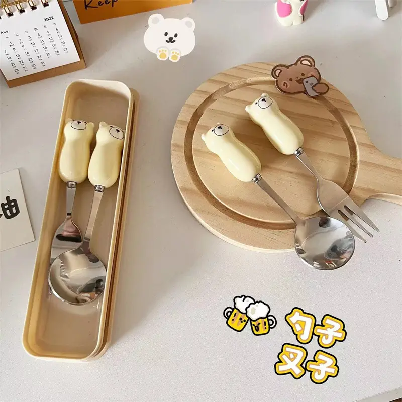 Bear rice short handle cute spoon set ceramic fork cartoon children household dessert spoon dining Cutlery Tableware