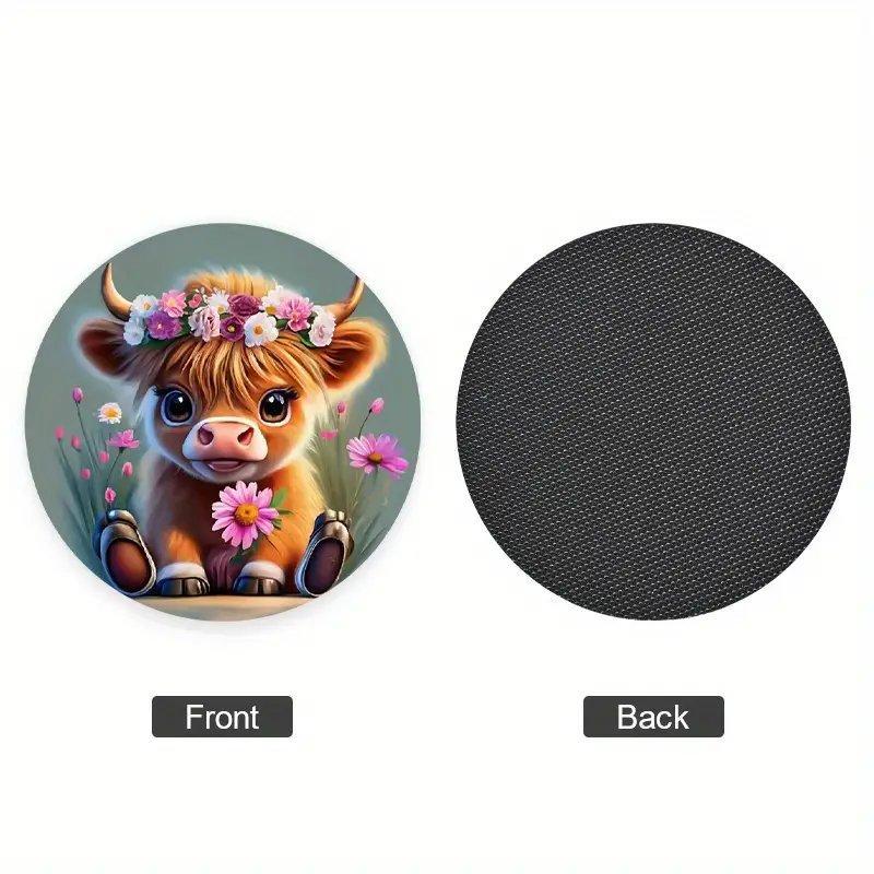 Cartoon Highland Cow Pattern Car Coaster, Round Anti-slip Car Cup Holder Pad, Car Interior Decoration Accessories for Women & Men 4