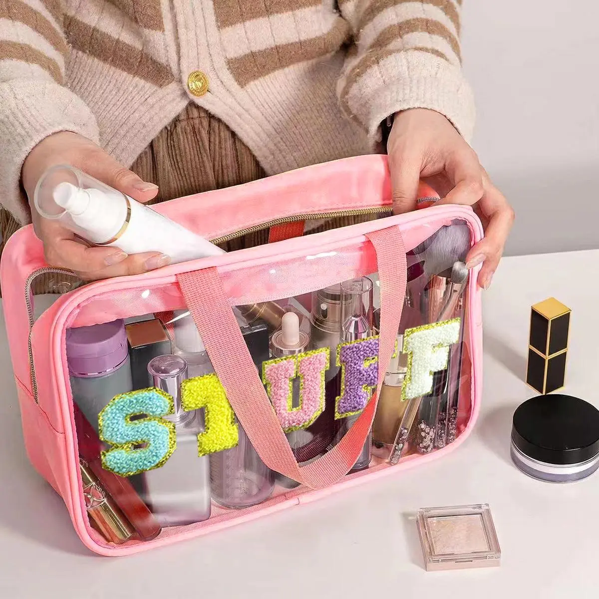 Letter Pattern Clear Makeup Bag with Handle, Waterproof Zipper Makeup Organizer Pouch, Portable Travel Storage Bags for Travel, Outing, Daily Use, Mother's Day Gift