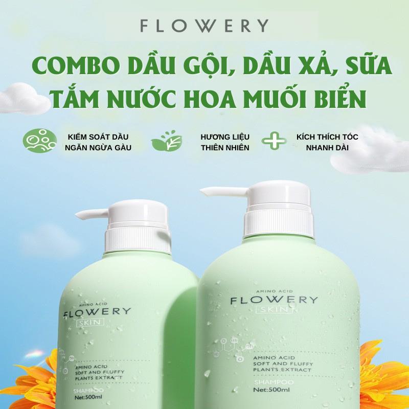 Combo dầu gội dầu xả sữa tắm nước hoa tinh chất muối biển Flowery 500ml Kiềm Dầu Dưỡng Tóc Hương Nước Hoa
