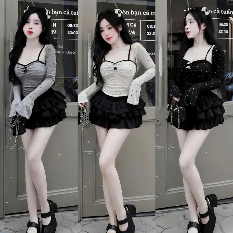  Set váy nữ 3 món áo trong 2 dây đính nơ kèm khoác ngoài dài tay mix chân váy ngắn xếp tầng xinh xắn sang chảnh cho các nàng diện đi chơi đi tiệc. 