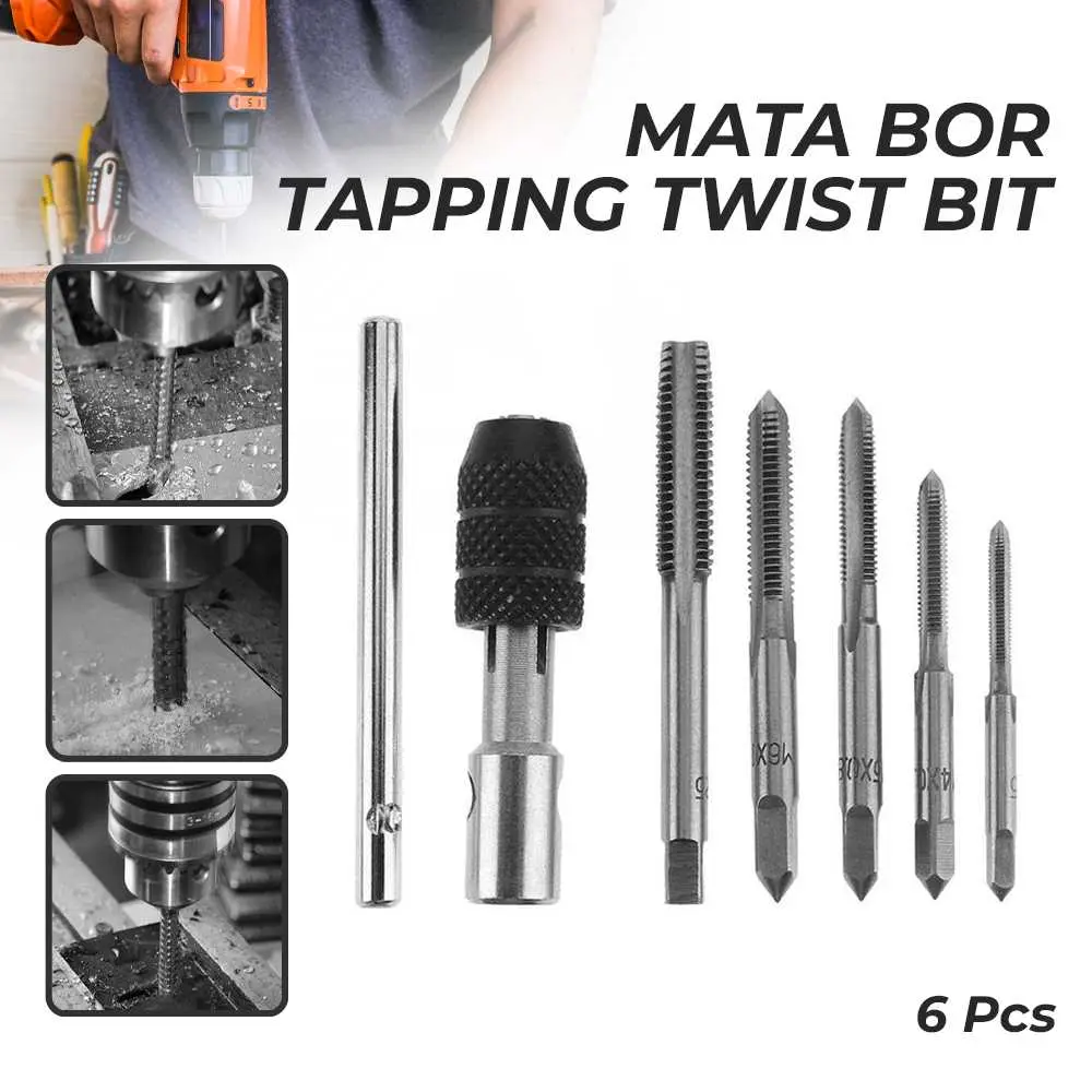 Alat Pembuat Ulir Drat Manual Hand Tap Taping Set Mata Bor Senai Drat Baut Pembuat Drat Ulir Baut  Handtap Mata Bor Drat Baut Set Ulir Besi 6pcs M3 M4 M5 M6 dan M8 T-Shaped Logam