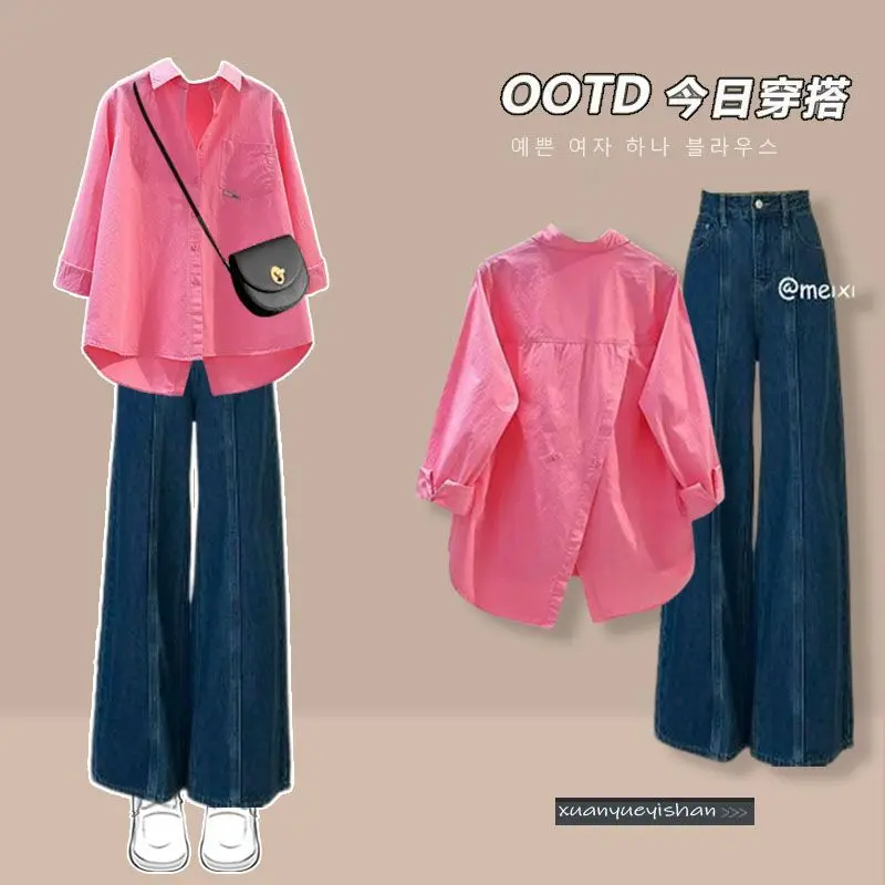 Summer Gentle Style Wear Women's 2023 New Korean Style Sweet Younger Shirt High Waist Fat Cover Wide Leg Pants Two-Piece Set