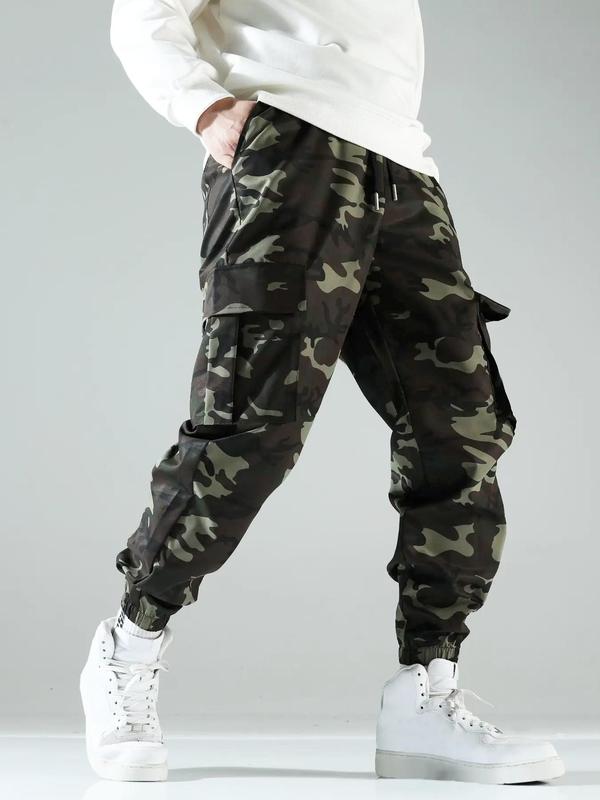 Men's Camo Print Drawstring Waist Cargo Pants, Regular Fit Flap Pocket Utility Pants, Men's Trousers for All Seasons, Lounge Men Clothes 2
