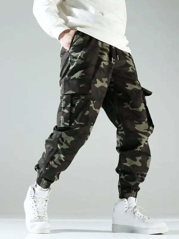 Men's Camo Print Drawstring Waist Cargo Pants, Regular Fit Flap Pocket Utility Pants, Men's Trousers for All Seasons, Lounge Men Clothes 2