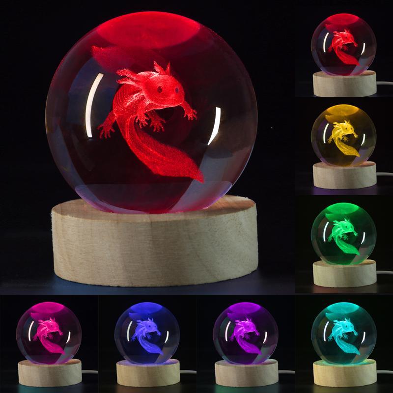 3D Crystal Glass Ball Night Light, USB Powered Amphibious Axolotl Design Decorative Light, Desk Ornament Light For Bedroom Living Room Decor 4