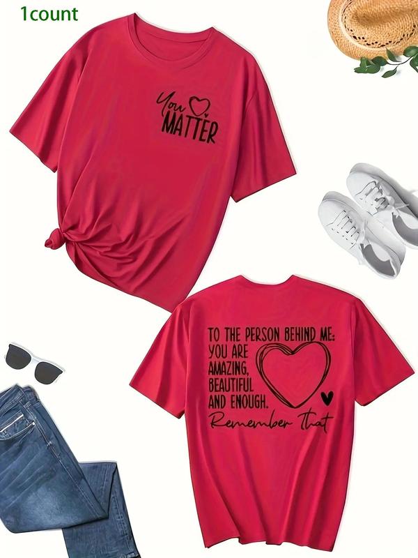 【Plus Size】Letter & Heart Print Drop Shoulder Tee, Casual Fashion Short Sleeve Round Neck T-Shirt for Summer, Women's Plus Clothing for Daily Wear, Tshirt 2
