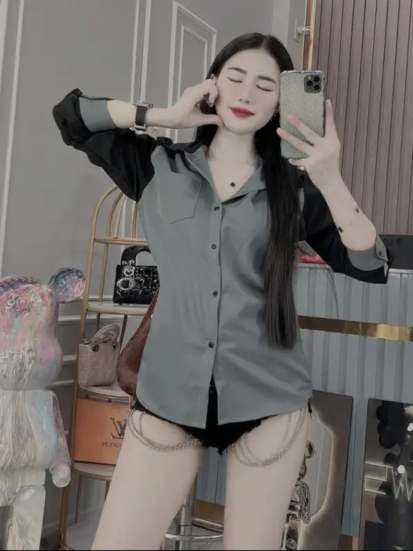 Áo sơ mi nam nữ tay dài thiết kế tay phối màu sang trọng chất lụa mềm mịn thoáng mát mẫu mới hót trend_kenkhang77 Menswear Shirt Có Cổ 4