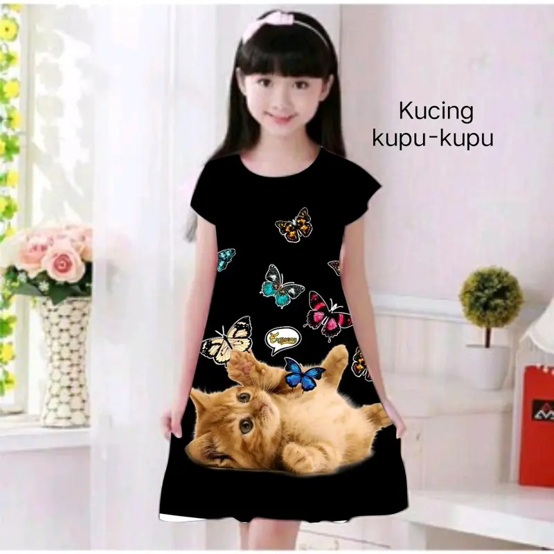Dress anak motif kucing usia 2-11 tahun 8