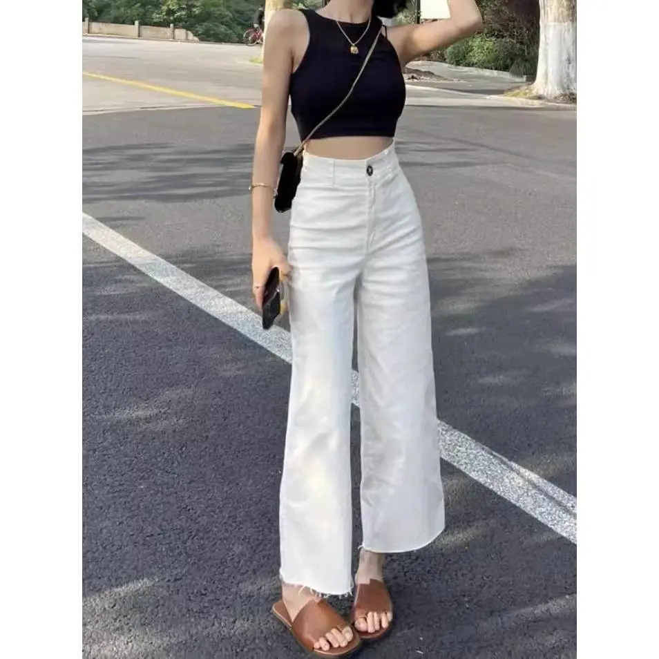 White Cropped Jeans for Women 2024 Spring New Fashion High Waist Loose High-Looking Niche Straight-Leg Wide-Leg Pants