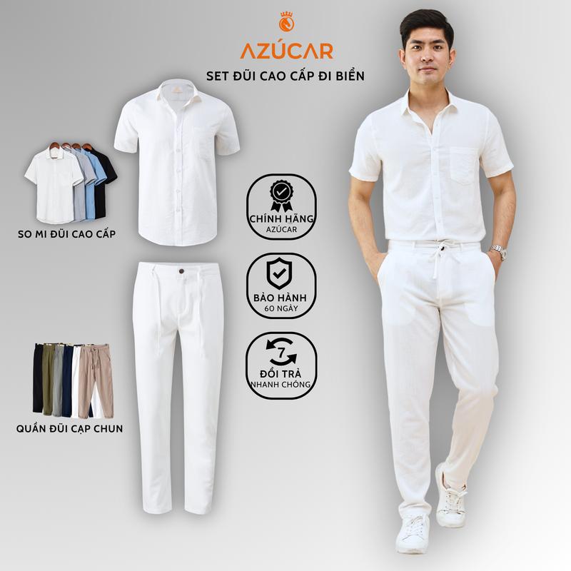 Bộ Đũi Cao Cấp AZÚCAR 1 - Quần đũi dài + Áo sơ mi đũi cổ bẻ Siêu mát ngày hè lịch sự sang trọng và thoải mái tối đa Thông thường Màu đen Màu trắng Trơn Có thể giặt bằng máy Menswear Nam Top Pants Có Túi Cổ Cao
