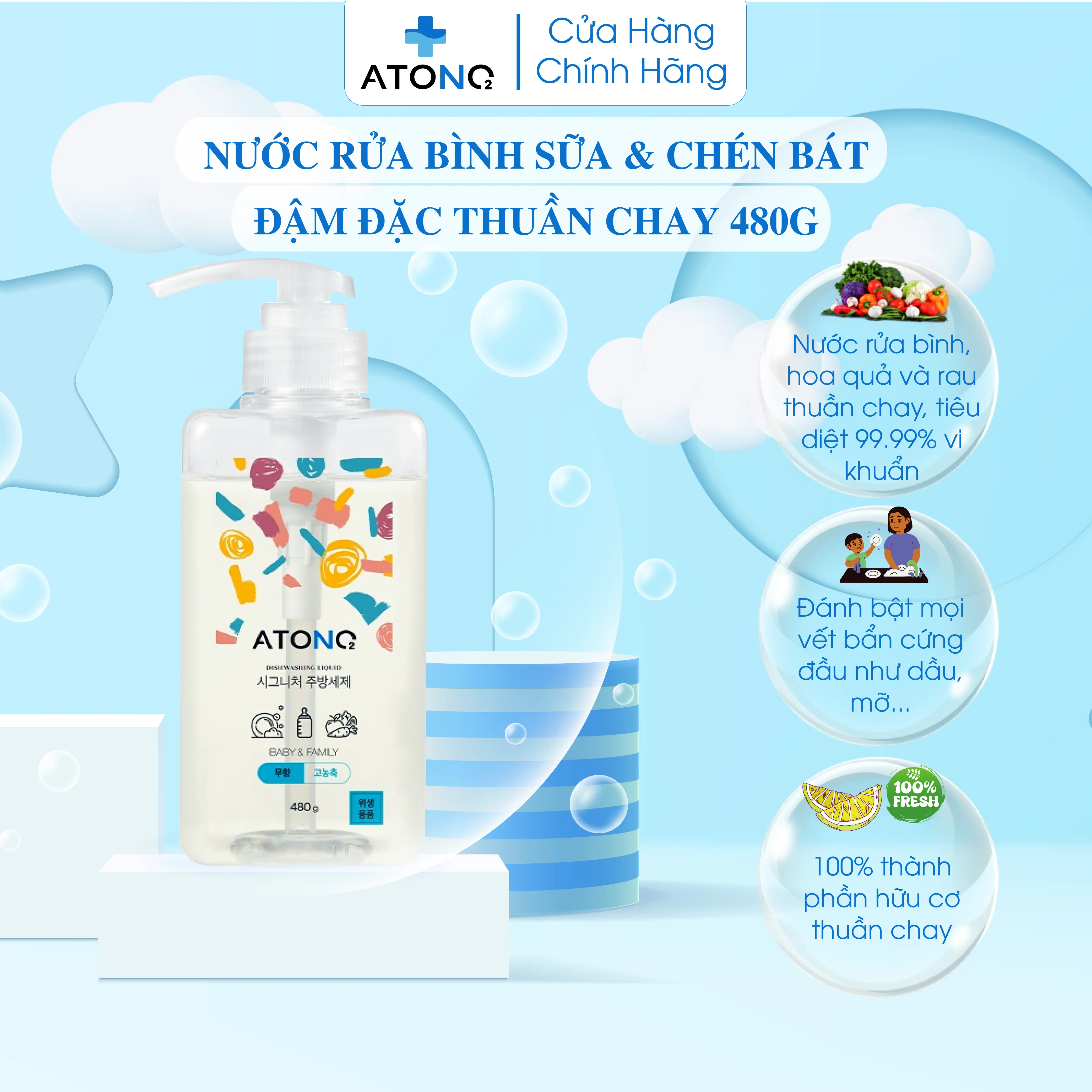 Chai nước rửa bình sữa & chén bát, rau củ đậm đặc thuần chay Atono2 Hàn Quốc