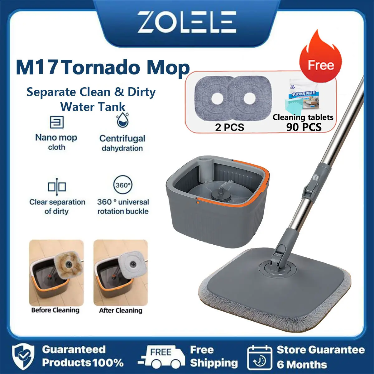 【90PCS-Free gift】ZOLELE M17 Plus Tornado Mop - Self-Washing &  Turbo Spinning Mechanism, Separate Clean & Dirty Water Tank, Adjustable 360-degree Rotation Feature Stainless Compact Design with Microfiber Mop Cloths Steel Free Floor Clean Tablets*30 pcs