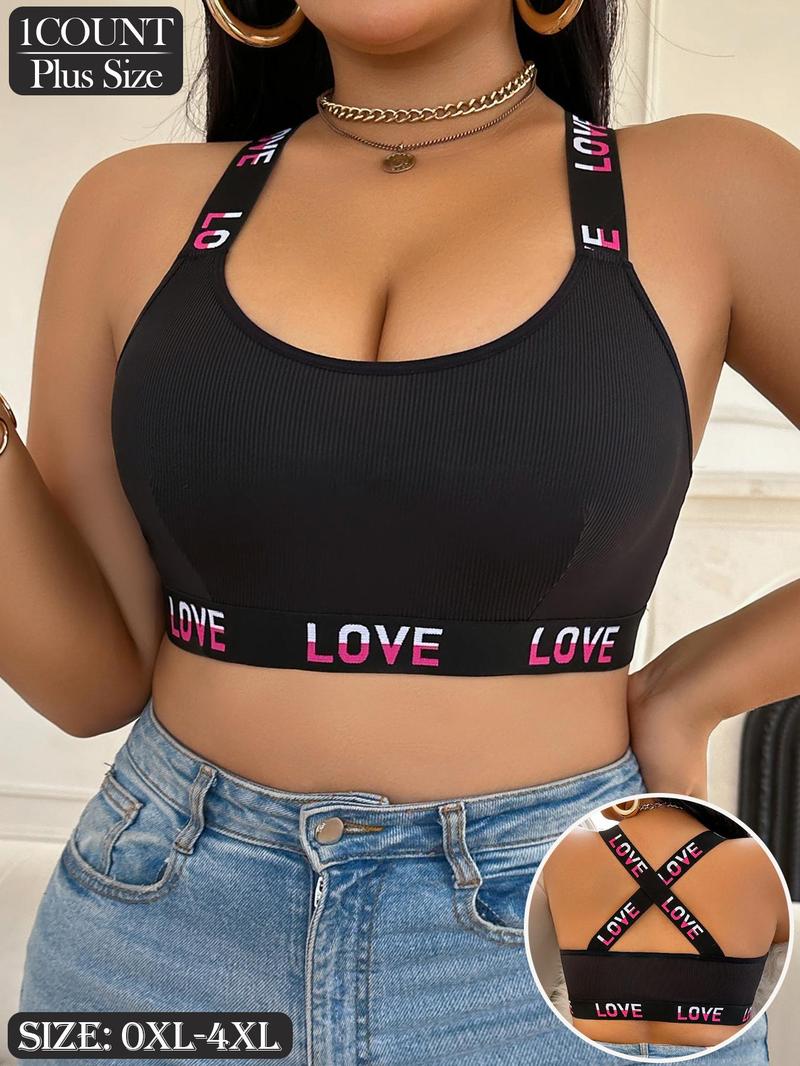 Product Introduction of 【Plus Size】 Letter Tape Bralette, Casual Comfortable Breathable Wireless Bra for Daily Wear, Women's Plus Size Lingerie for All Seasons, Bralettes 3