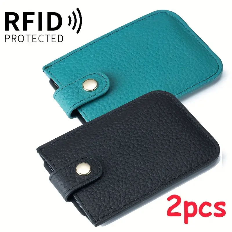 2pcs RFID Blocking Slim Card Wallets - Genuine Leather Credit Card Holder for Men & Women, Minimalist Design with Snap Closure, Teal & Black, Ultra-Thin & Compact RFID Protection, Rfid Protection Wallet |     Sleek Wallet Design |     Genuine Leather Wall 1
