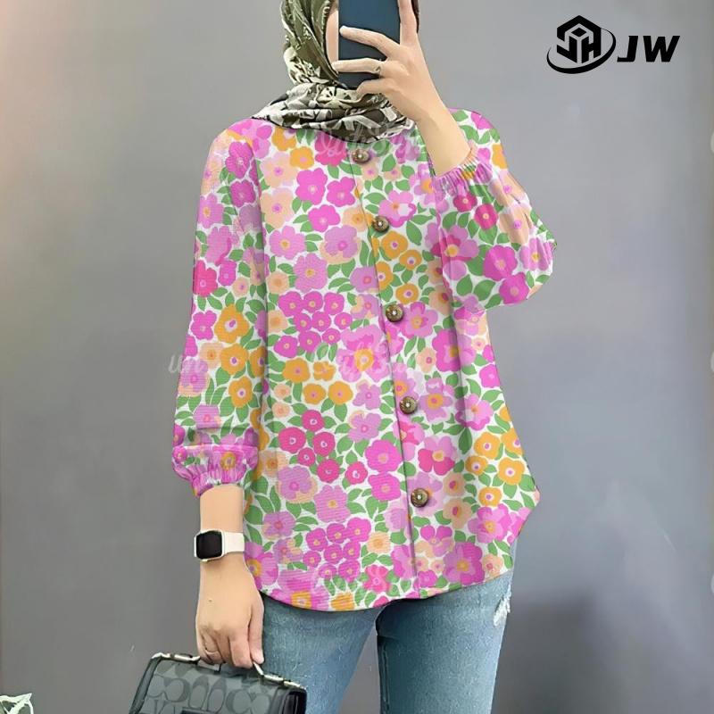 Product Introduction of Baju Raya 2025 Viral Nude Blouse Puff Sleeve Muslim Shirt Long Dress Korean Style Muslimah Small Floral Muslim Shirt + Skirt Set 23